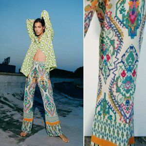Zara Printed Flare Trousers Boho Multicolor Teal Orange Purple Ikat Blogger Fave